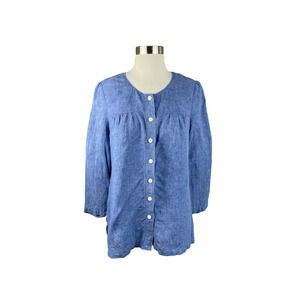 Anna Thomas 10 Blue Chambray Button Front Linen Blouse
